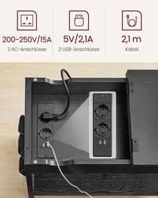 Mesa de apoio com tomada eléctrica e portas USB 60 x 31,5 x 60 cm preta