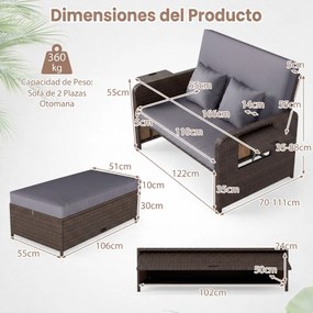 Cama de jardim ou conjunto de sofá de rattan para jardim, 2 peças, com pufe com espaço de arrumação, encosto ajustável e mesas dobráveis, cinzento
