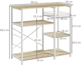 Estante de Cozinha com 1 Cesto 4 Ganchos em S 6 Pés com Almofadas Ajustáveis e Prateleiras 90x40x84,5 cm Carvalho e Branco