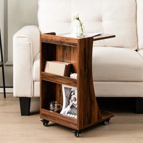 Mesa lateral móvel em forma de C com prateleira aberta 2 níveis para sala de estar quarto 42,5 x 38 x 67 cm Castanho