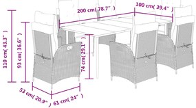 7 pcs conjunto de jantar p/ jardim c/ almofadões vime PE cinza