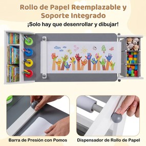 Conjunto de Mesa de Arte Infantil e Cadeira, 136 x 45,5 x 67 cm, Rolo de Desenho, Cinzento+Branco