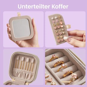 Caixa portátil para joias com espelho, couro PU 10,6 x 10,6 x 6,1 cm branco