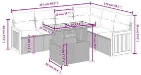 7 pcs conjunto sofás p/ jardim c/ almofadões vime PE cinzento