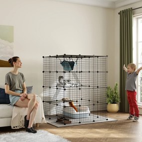 Gaiola Grande para Gatos de Interior 105x105x140 cm com 4 Níveis 5 Portas 3 Plataformas de Salto 3 Rampas e Rede Caixa areia não incluida Preto