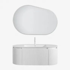 Conjunto De Móveis De Casa De Banho Em Madeira Com Lavatório Integrado Carsone Branco & Sem Unidade Auxiliar & Oval Led E Anti-embaciamento - Sklum