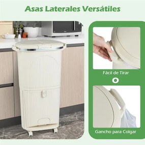 Caixote do lixo de 38 L com duas camadas, 2 caixotes removíveis, pedal e rodas para sala, cozinha e casa de banho, Bege