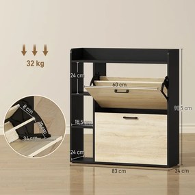 Sapateira Estreita com 3 Prateleiras Laterais e Prateleiras Ajustáveis para 15 Pares de Sapatos 83x24x90,5 cm Madeira e Preto