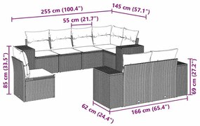 8 pcs conj. sofás jardim c/ almofadões vime PE cinzento-claro