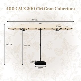 Guarda-sol de jardim Duplo 4 x 2 m com luzes solares, manivela com base Bege