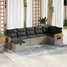 7 pcs conjunto sofás p/ jardim c/ almofadões vime PE cinzento