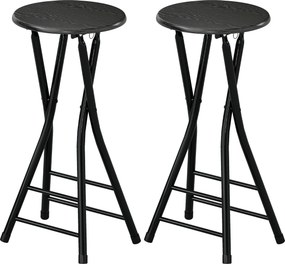Conjunto de 2 bancos de bar dobráveis, bancos de bar redondos com apoio duplo para os pés, estrutura em aço, preto