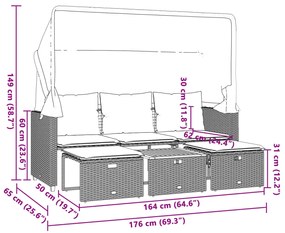 Sofá de jardim de 3 lugares com toldo e bancos vime PE preto