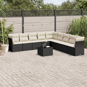 10 pcs conjunto sofás de jardim c/ almofadões vime PE preto
