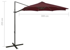 Guarda-sol jardim cantilever c/ poste e luzes LED 300 cm bordô