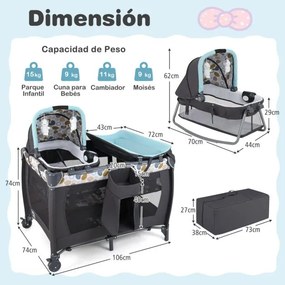 Berço dobrável e portátil 106 x 74 x 74 cm Parque infantil com berço de balanço e trocador Barra de brinquedos Caixa de música e bolsa de transporte C