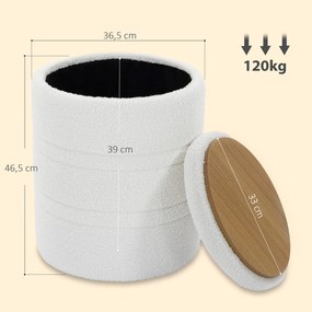 Pufe de Arrumação 33 L em Borreguito com Tampa Reversível Banco Redondo Branco para Sala e Quarto