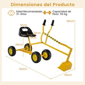 Conjunto de escavadora com assento giratório de 360 graus, 2 braços e 4 rodas antiderrapantes para crianças, 122 x 40 x 66 cm, amarelo