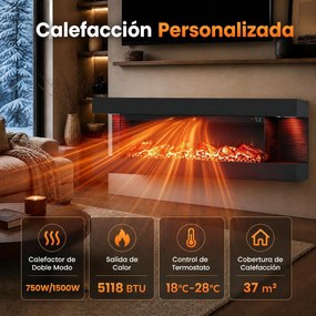 Lareira Elétrica de Parede com Vista de Três Lados, 127 x 20,6 x 41,8 cm, Controlo por Wi-Fi, Preto