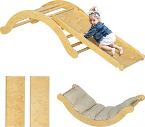 Arco de escalada infantil 4 em 1, cadeira de baloiço, rampa de escalada de dupla face e almofada, 168 x 49,5 x 39,5 cm, madeira natural