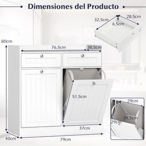 Armário para roupa suja 79 x 40 x 80 cm com dupla inclinação com Estante, 2 gavetas e 2 sacos para roupa suja removíveis Branco