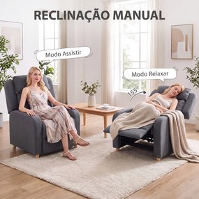 Poltrona Relax Reclinável Manual em Linho com Montagem Rápida Apoio para os Pés Acolchoamento Espesso e Pés em Madeira Cinza