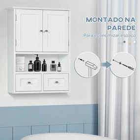 Armário de Parede para Casa de Banho com 2 Portas Prateleira Aberta e 2 Gavetas Estilo Moderno 50,8x17,8x66 cm Branco