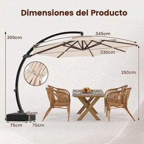 Guarda sol com Base  Suspensa, 345 x 345 x 300 cm, Rotação de 360°, Bege