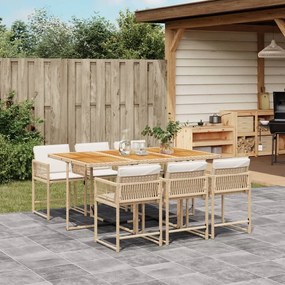 vidaXL 7 pcs conjunto de jantar p/ jardim com almofadões vime PE bege