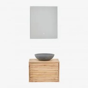 Conjunto De Móveis De Banheiro De Madeira Suspensos Deleyna Madeira Natural & Cimento Cinzento Redondo Ø40 Cm Tarsis & Led - Sklum