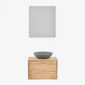 Conjunto De Móvel De Casa De Banho Suspenso 60x45 Cm Em Madeira Deleyna Madeira Natural & Cimento Cinzento Redondo Ø40 Cm Tarsis & Led - Sklum