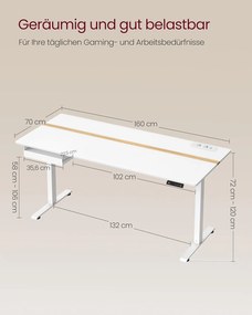 Mesa elétrica ajustável em altura VASAGLE LSD116W01 com tomada e gaveta, tampo de 70 x 160 cm, suavemente ajustável, função de memória com 4 alturas, carvalho branco/dourado