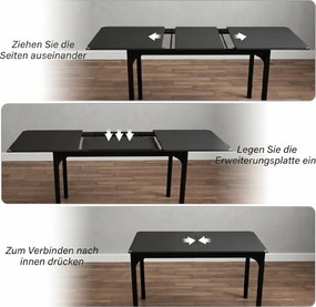 Mesa de jantar extensível para 4 a 6 pessoas 120 a 160 cm (CADEIRAS NÃO INCLUIDAS), com pés em aço, para espaços pequenos, sala de jantar, preta