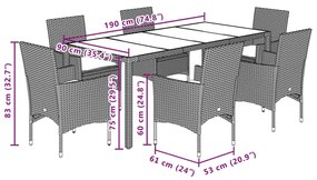 7 pcs conjunto jantar jardim c/ almofadões vime PE/vidro cinza