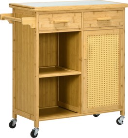 HOMCOM Carrinho de cozinha em bambu, Carrinho multiuso, Carrinho de servir, 2 gavetas, 1 armário,  2 prateleiras, natural | Aosom Portugal