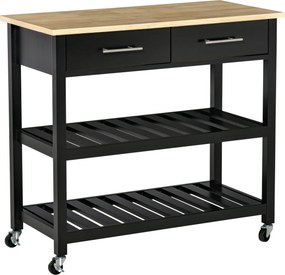 Carrinho de cozinha com rodas 91,4  x 45,6  x 85  cm, 2 prateleiras e 2 gavetas, preto e madeira natural