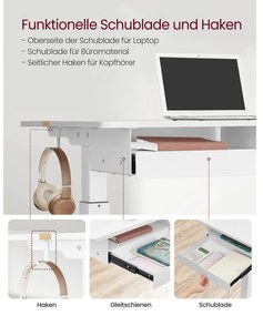 Secretária elétrica com altura ajustavel com 2 tomadas e 2 portas USB; e gaveta 60 x 120 x (72-120) cm Branca