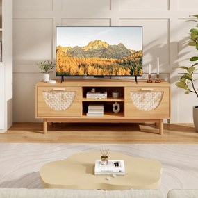 Móvel para TV 55'' Mesa de consola 55'' com prateleiras abertas Gavetas em tecido de bambu Pernas em madeira maciça para o quarto Natural