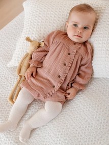 Vestido em gaze de algodão e as cuecas a combinar, para bebé rosa medio liso