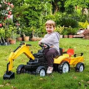 HOMCOM Tractor a Pedal para Crianças de 3-6 Anos Carro Andador Escavadora com Pá Frontal e Roboque Amovível Carga Máxima 35kg 163x42x71cm Amarelo