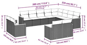 12 pcs conjunto de sofás jardim c/ almofadões vime PE cinzento