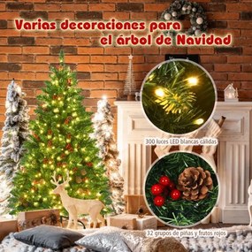 Árvore de Natal iluminada de 1,35 m com 516 ramos decorativos de pinhas e bagas vermelhas para casa, escritório, lojas e hotéis Verde