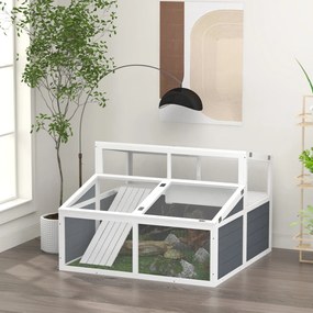 Recinto para pequenos animais com 2 compartimentos, teto em policarbonato, 3 portas e rampa – 115 x 115 x 82 cm – cinzento