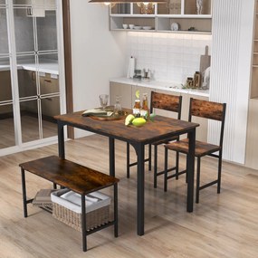 Conjunto de mesa de industrial com 2 cadeiras e 1 banco, estrutura metálica e prateleira Castanho