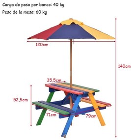 Conjunto de mesa de piquenique de madeira e guarda-sol para crianças dobrável para jardim multicolorido