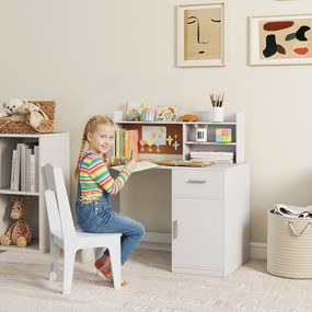 Secretária infantil com cadeira, mesa infantil com cadeira, gaveta, armário, compartimentos abertos, quadro de cortiça, branco