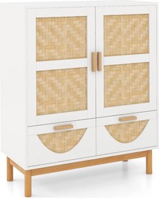 Aparador Tavira com Portas de Bambu e Gavetas – 80x35x98 cm – Branco e