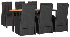 7 pcs conjunto de jantar p/ jardim vime PE/acácia maciça preto