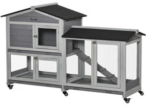 PawHut Coelheira de Madeira 157,4x53x99,5 cm Gaiola para Coelhos Grande com Rodas Teto Asfáltico Tabuleiro Amovível e Rampa Cinza | Aosom Portugal