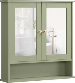 Armário de parede com espelho 13 x 56,5 x 58,5 cm com 2 portas espelhadas e compartimento aberto, para montagem na parede, verde salva
